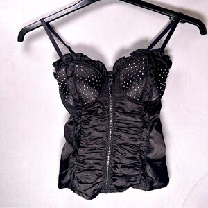 Sexy Black Satin Zipper Front Corset Top. Ruffle Trim, Rhinestone Detail. Size S